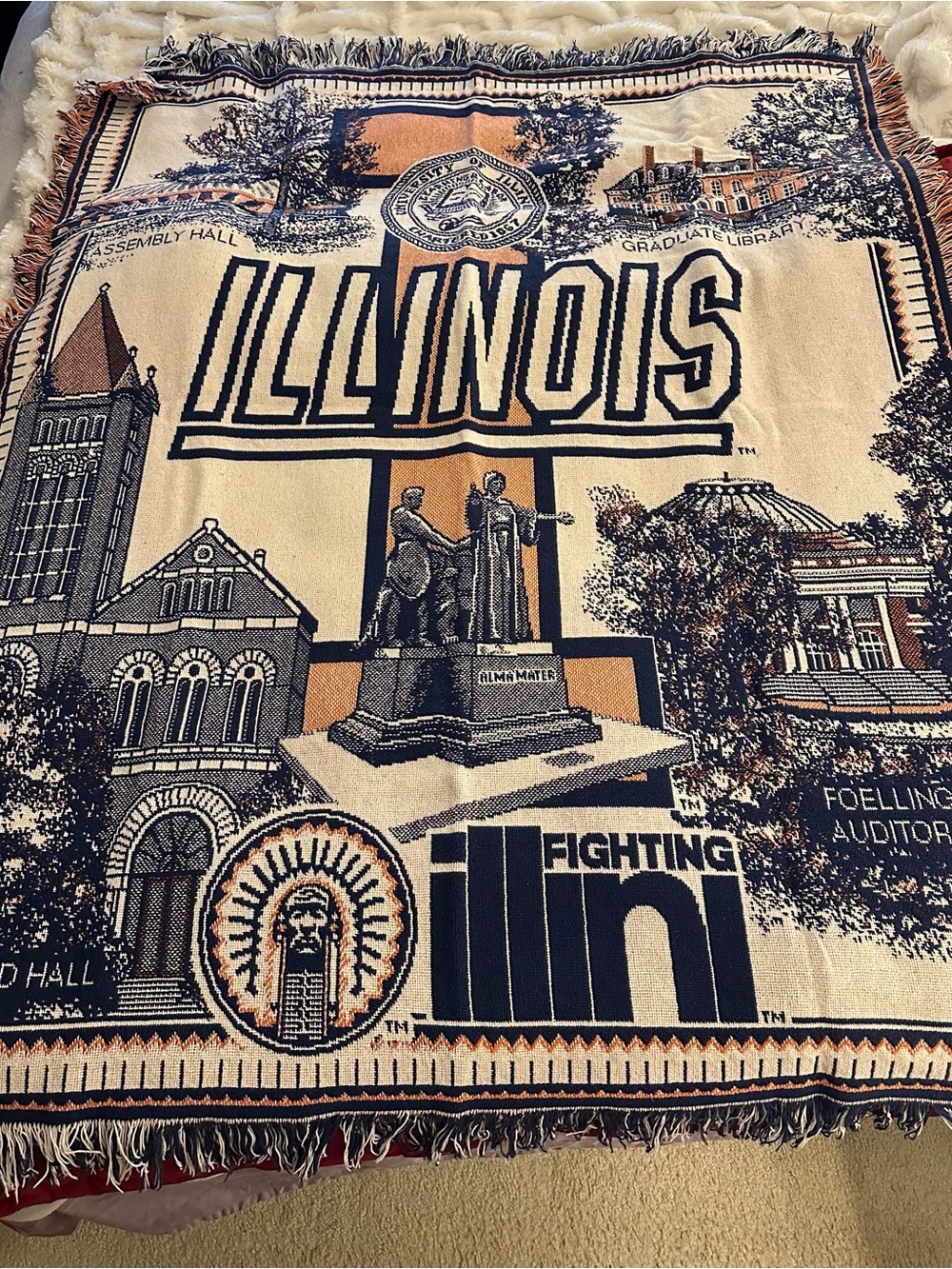 RARE University of Illinois Illini Woven Throw Blanket with Chief symbol